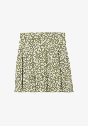 Groene bloemenrok met een hoge taille, met een uitlopende ontwerp. De stof heeft een zachte textuur met witte bloemmotieven die gelijkmatig zijn verdeeld.