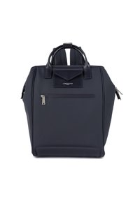 Zaino blu navy realizzato in nylon texturizzato. Caratterizzato da manici in pelle doppi, una tasca con zip frontale e una tasca con pattina loggata. Chiusura con zip.