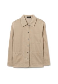 Beige corduroy jacket met een kraag, voorknoopsluiting en twee opgestikte zakken. Getextureerde stof met verticale ribbeldetails.