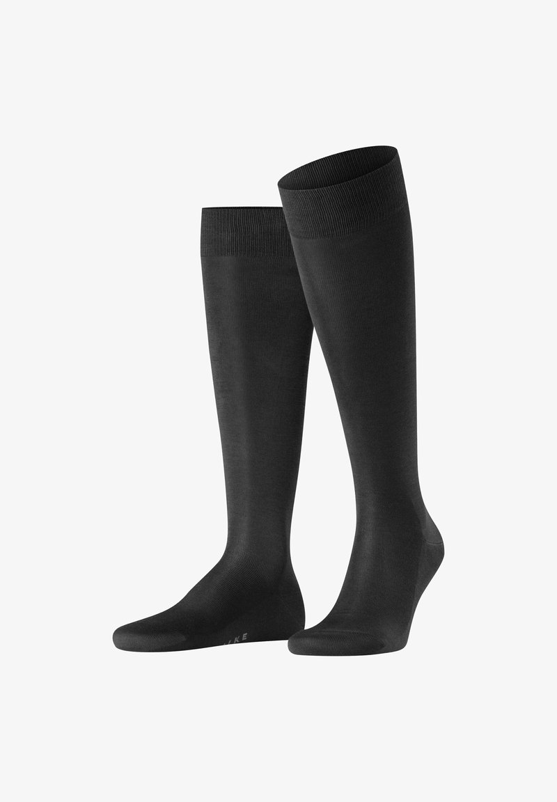 Schwarze knielange Socken aus glattem, dehnbarem Material. Mit einem gerippten Bündchen und verstärktem Zehenbereich, entworfen für Komfort und Haltbarkeit.