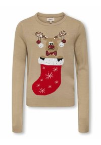 Beige Pullover mit Rentiermotiv, verziert mit Pailletten, einem roten Strumpf und weißen Schneeflockenmuster. Lange Ärmel und klassischer Rundhalsausschnitt.