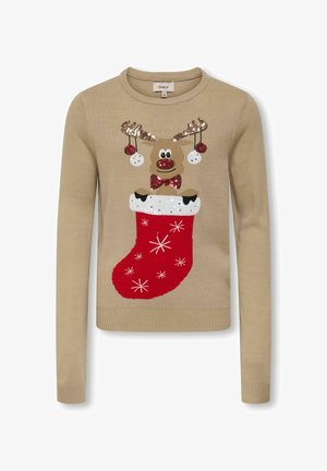 Pull beige avec un motif de renne en sequins, une chaussette rouge et des motifs de flocons de neige blancs. Manches longues et encolure classique.