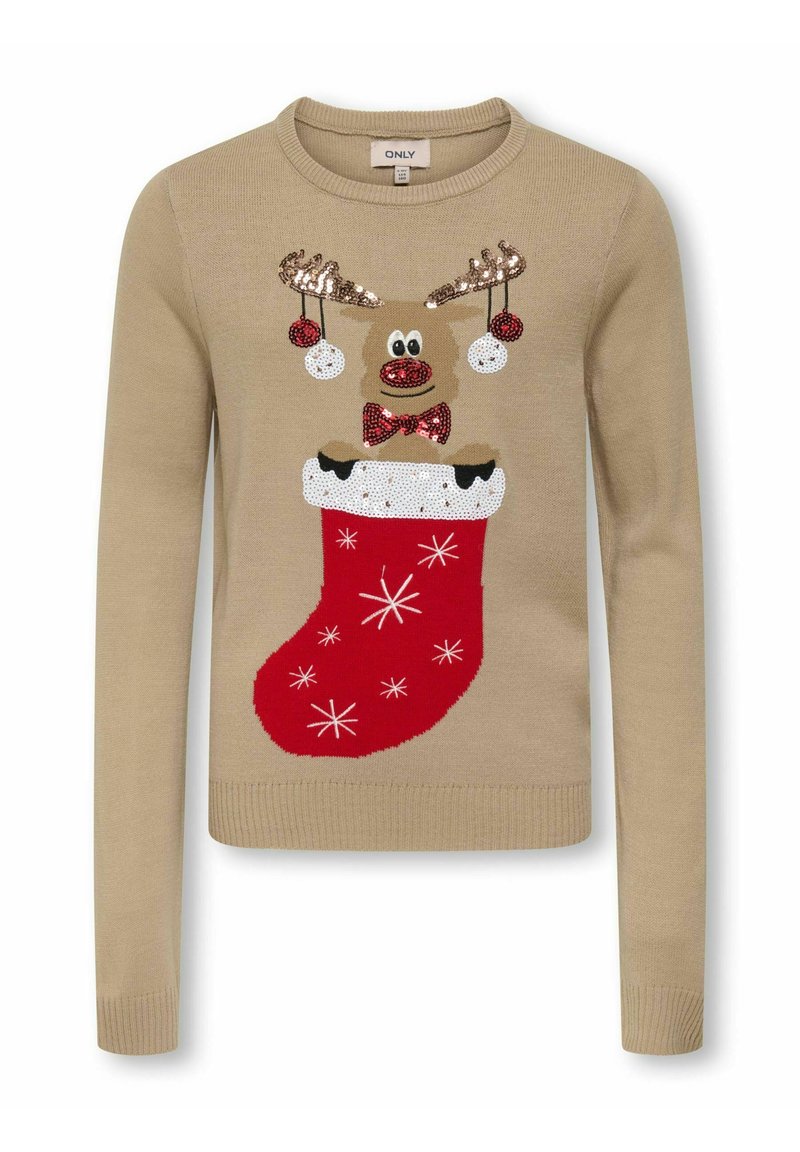 Beige Pullover mit Rentiermotiv, verziert mit Pailletten, einem roten Strumpf und weißen Schneeflockenmuster. Lange Ärmel und klassischer Rundhalsausschnitt.