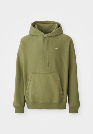 Olive green hoodie with front pouch pocket, adjustable drawstring hood, ribbed cuffs, hem, and small white Nike swoosh on chest.