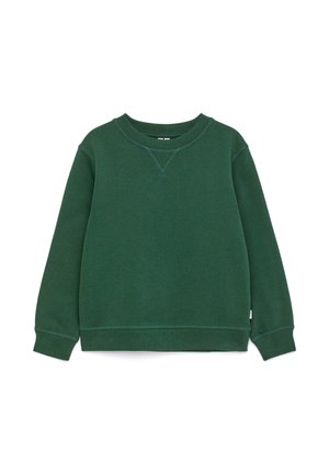 Sudadera de color verde oscuro con cuello redondo y mangas largas, con puños y bajo acanalados, pequeña etiqueta blanca lateral y detalle cosido debajo del cuello.