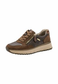 Brown leather and suede sneaker with textured upper, round toe, contrasting light rubber sole, and decorative zipper detail on the side.