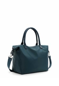 Žalsvai mėlyna rankinė su lygiu, blizgiu paviršiumi, dviem viršutinėmis rankenomis, nuimamu peties dirželiu ir sidabro spalvos metalinėmis detalėmis. Stačiakampio formos.