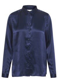 Camicia in satin blu navy con colletto classico, chiusura frontale con bottoni, maniche lunghe e una texture liscia, caratterizzata da un design a vestibilità rilassata.