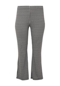 Zwart-witte houndstooth-gepatroneerde flared broeken met een aansluitende taille. Gemaakt van rekbaar materiaal, met een gladde textuur en een casual ontwerp.