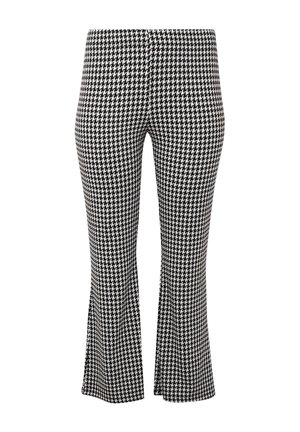 Zwart-witte houndstooth-gepatroneerde flared broeken met een aansluitende taille. Gemaakt van rekbaar materiaal, met een gladde textuur en een casual ontwerp.