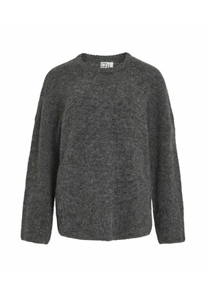 Suéter gris de punto con un corte holgado, escote redondeado y hombros caídos. Textura suave, mangas largas y detalle de dobladillo acanalado.