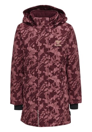 Burgundy insulated coat with floral pattern in pink. Features a hood, long sleeves, and elastic cuffs. Logo detail on the chest.