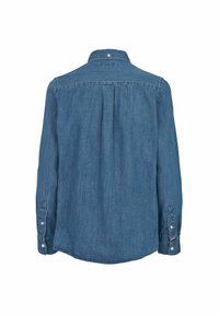 Denim shirt, donkerblauw, lange mouwen, met kraag, enkele knoopsluiting bij de manchetten, achterkant met plooi. Glad textuur, casual pasvorm, licht gebogen zoom.