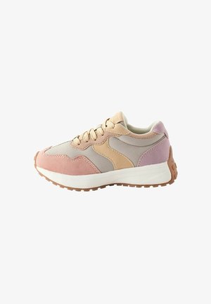 Lightweight sneaker featuring a combination of beige, pink, and lavender materials, including suede and mesh, with a textured rubber sole.