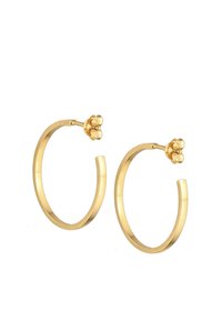 Orecchini a cerchio in oro con un design circolare liscio e una distintiva accentuazione a tre palline sulla parte superiore per un tocco di dettaglio.