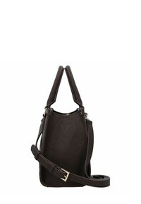 Borsa a mano in pelle marrone scuro con logo in rilievo, forma strutturata, doppie maniglie e tracolla removibile. Finitura texturizzata e dettagli in metallo.