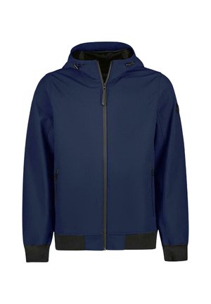 Dunkelblauer Hoodie-Jacke mit Reißverschluss, verstellbarem Kordelzug-Hood und schwarzen elastischen Bündchen. Mit seitlichen Reißverschlusstaschen.