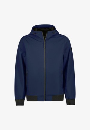 Dunkelblauer Hoodie-Jacke mit Reißverschluss, verstellbarem Kordelzug-Hood und schwarzen elastischen Bündchen. Mit seitlichen Reißverschlusstaschen.