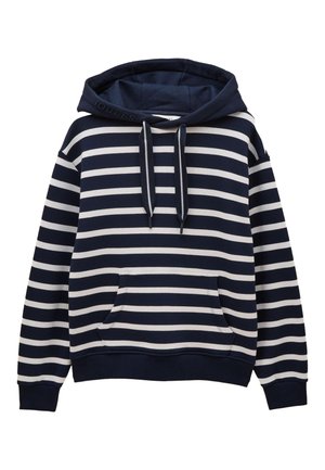Marineblaue und weiße, horizontal gestreifte Kapuzenpullover mit Fronttasche und Kordelzug, langen Ärmeln sowie Rippbündchen an Ärmelenden und Saum.