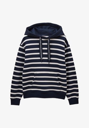 Marineblaue und weiße, horizontal gestreifte Kapuzenpullover mit Fronttasche und Kordelzug, langen Ärmeln sowie Rippbündchen an Ärmelenden und Saum.