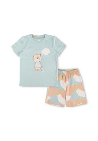Light blue cotton t-shirt with bear graphic and cloud design, paired with patterned shorts in pastel colors of peach, blue, and cream.