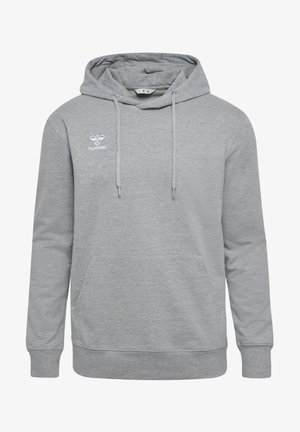 Felpa grigia con tasca a marsupio, cappuccio con cordino e logo Hummel in bianco. Realizzata in tessuto morbido con polsini e orlo a coste.
