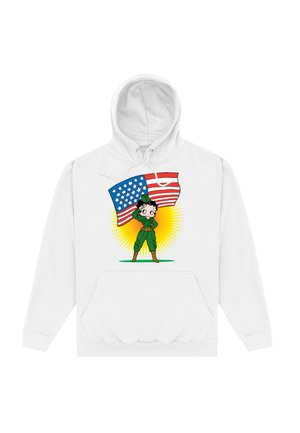 Hvid hættebluse med en tegneseriefigur i en grøn militæruniform, der holder et amerikansk flag, med et gult solburst-design i baggrunden.