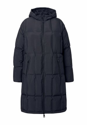 Giacca a vento nera con cappuccio, caratterizzata da un design trapuntato, zip frontale e due tasche laterali con zip. Realizzata in materiale liscio e isolato.