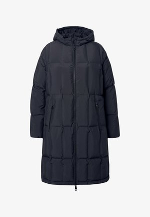 Manteau rembourré noir avec capuche, doté d'un design matelassé, d'une fermeture éclair à l'avant et de deux poches latérales zippées. Fabriqué en matériau lisse et isolant.