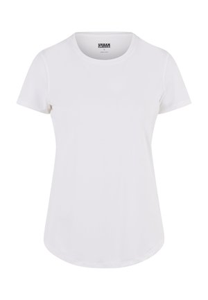 T-shirt blanc à manches courtes avec un col rond, fabriqué en tissu doux. Présente un ourlet légèrement incurvé et un design minimaliste.