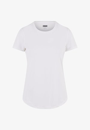 T-shirt blanc à manches courtes avec un col rond, fabriqué en tissu doux. Présente un ourlet légèrement incurvé et un design minimaliste.
