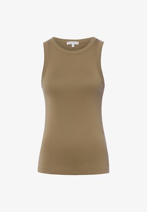 Sleeveless fitted tank top in olive green with round neckline and visible Marie Lund Copenhagen label inside collar.