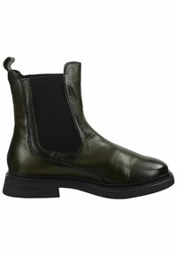 Stivale alla caviglia in pelle verde scuro con pannelli laterali in elastico nero, punta arrotondata e suola in gomma nera testurizzata. Silhouette snella e elegante.