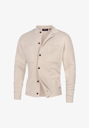 Beige knit cardigan with a shirt collar, two chest pockets, and brown buttons. The fabric has a smooth texture and a fitted design.