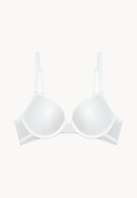 Sottoveste bianca imbottita con coppe lisce, spalline regolabili e pannelli laterali in pizzo. Presenta un design senza cuciture e una chiusura a gancio e asola sul retro.