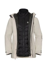 Veste extérieure beige clair imperméable avec une fermeture éclair à l'avant, gilet intérieur noir isolant, poignets ajustables et accents de logo.