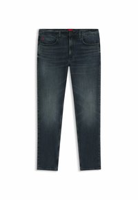 Jeans in denim blu scuro con vestibilità dritta, cinque tasche, leggero sbiadimento e dettaglio con etichetta rossa in vita. Design a vita media.