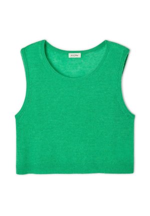 Groene mouwloze crop top van zachte stof, met een ronde halslijn, ribbelzoom en een gladde textuur.