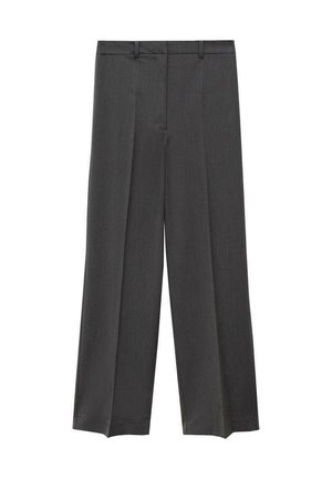 Pantaloni a gamba larga grigi con una superficie liscia, fronte plissettato e passanti per cintura. Realizzati in un tessuto leggero e tessuto.