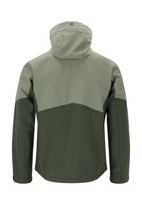Veste imperméable bicolore : partie supérieure grise clair et partie inférieure verte foncée. Dotée d'une capuche, de manches longues et de détails de couture minimalistes.