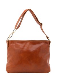 Borsa a spalla in pelle marrone con finitura lucida, tracolla regolabile e accessori in tono oro. Forma rettangolare semplice e linee pulite.