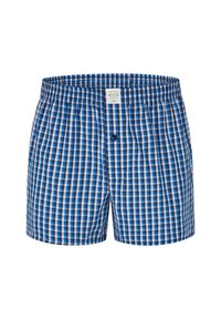 Blå och vit rutiga kalsonger med elastisk midja, med en knappstängning fram och en mjuk, lätt tygkvalitet.