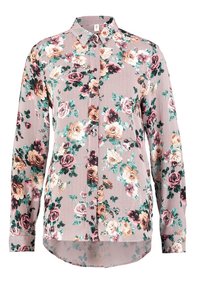 Camicia a maniche lunghe con bottoni, caratterizzata da un motivo floreale a righe rosa e bianche. Presenta rose multicolori e un orlo arrotondato.