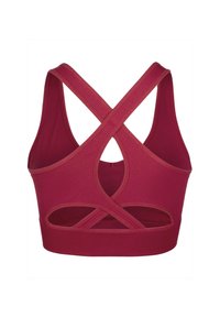 Rode sport-BH met een racerback ontwerp, kruisende banden en open uitsnijdingen aan de achterkant. Gemaakt van rekbare stof.