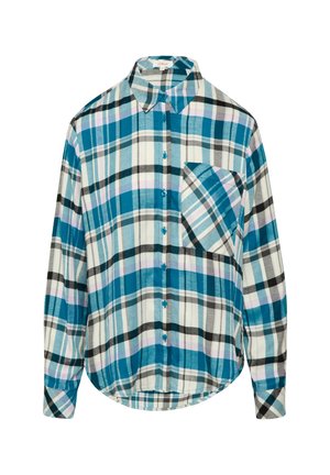 Blau-weiß karierter Hemd mit Knöpfen, das einen Kragen, eine Brusttasche und eine lockere Passform aufweist. Weiches Material mit unterschiedlich breiten Streifen.