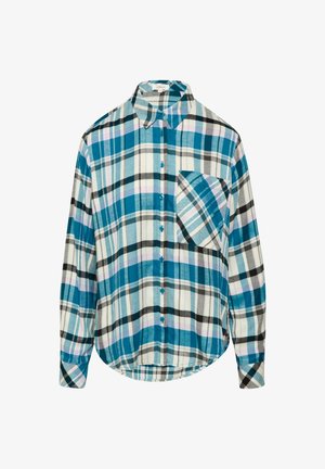 Blauw en wit geruite overhemd met knopen, voorzien van een kraag, een enkele borstzak en een relaxte pasvorm. Zacht stof met verschillende streepbreedtes.