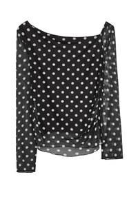 Schwarzes, transparentes Langarmshirt mit weißen Polka-Dots, mit einem drapierten Design an der Vorderseite und weiter Ausschnitt. Glatte Textur über die gesamte Oberfläche.