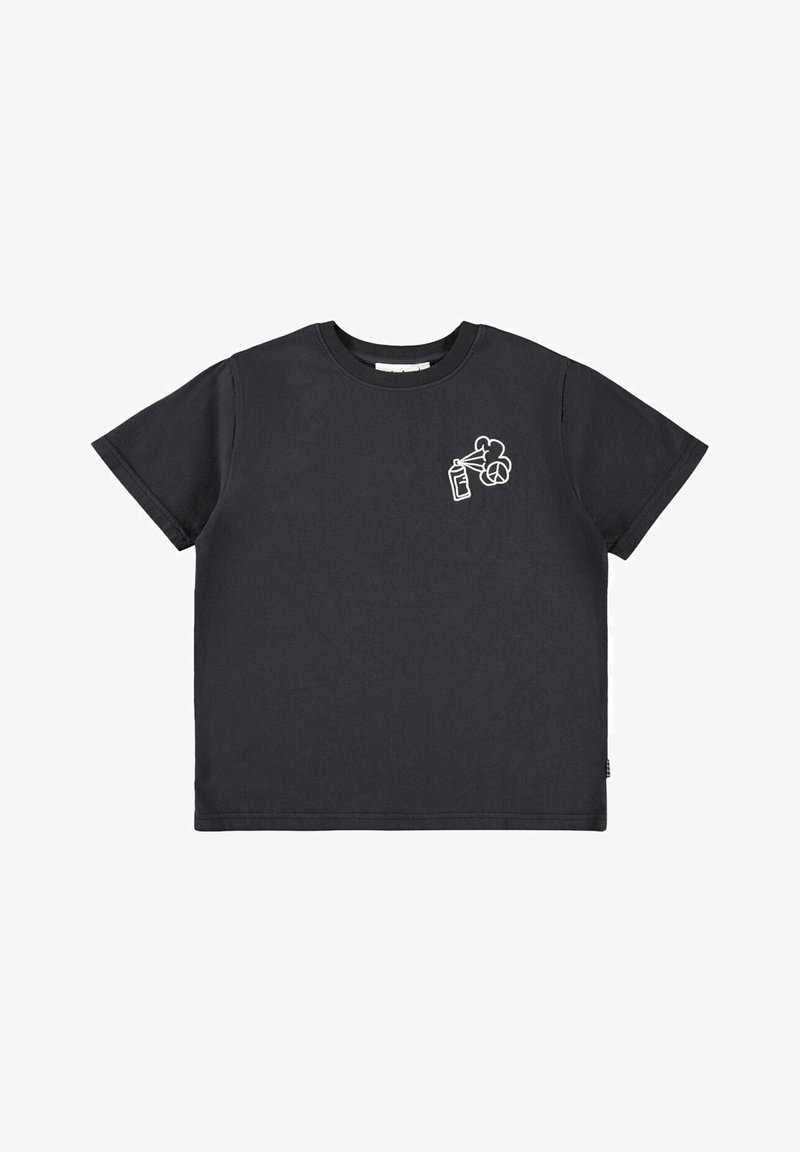 T-shirt en coton noir à coupe décontractée. Présente un motif imprimé blanc représentant une bombe de peinture et de la fumée. Encolure ronde ras du cou et manches courtes.