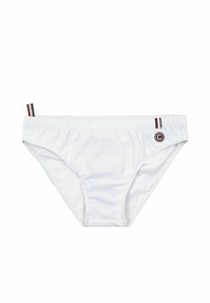 Pánské plavky ve stylu bikin bílé barvy s elastickým pasem, vybavené malými pruhovanými záložkami v červené, černé a bílé barvě a kruhovým logem na přední pravé straně.