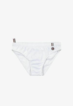 Pánské plavky ve stylu bikin bílé barvy s elastickým pasem, vybavené malými pruhovanými záložkami v červené, černé a bílé barvě a kruhovým logem na přední pravé straně.